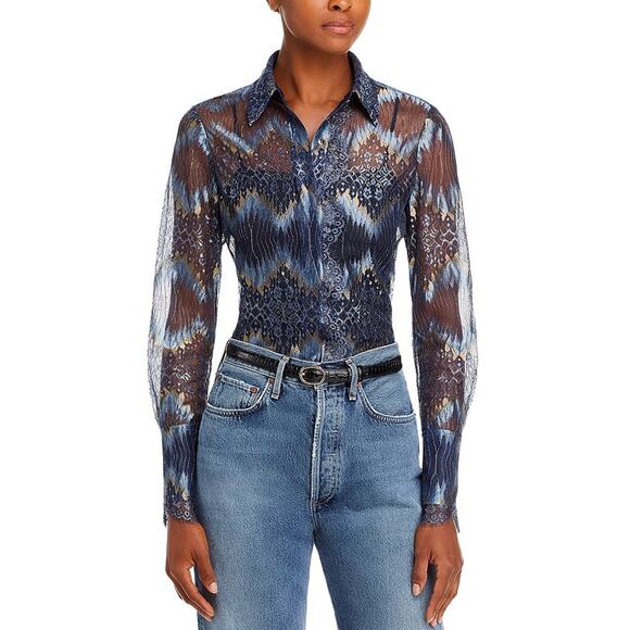 Ramy Brook 'Nora' Navy Lurex Mesh Long Sleeve Blouse Size L - Picture 1 of 5